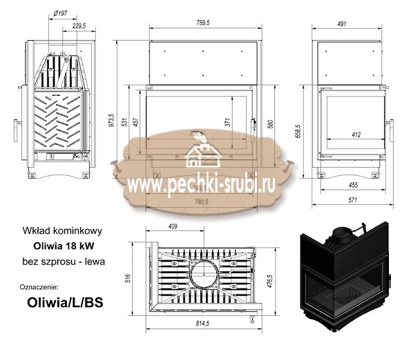 Каминная топка Kratki "Oliwia/L/BS" (угловое стекло слева) Каминная топка Kratki "Oliwia/L/BS" (угловое стекло слева)