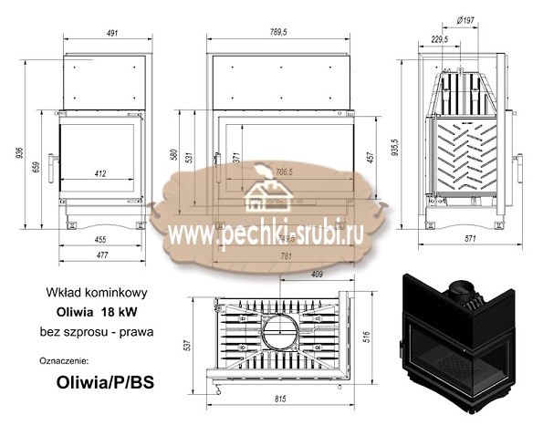 Каминная топка Kratki "Oliwia/P/BS" (угловое стекло справа) Каминная топка Kratki "Oliwia/P/BS" (угловое стекло справа)